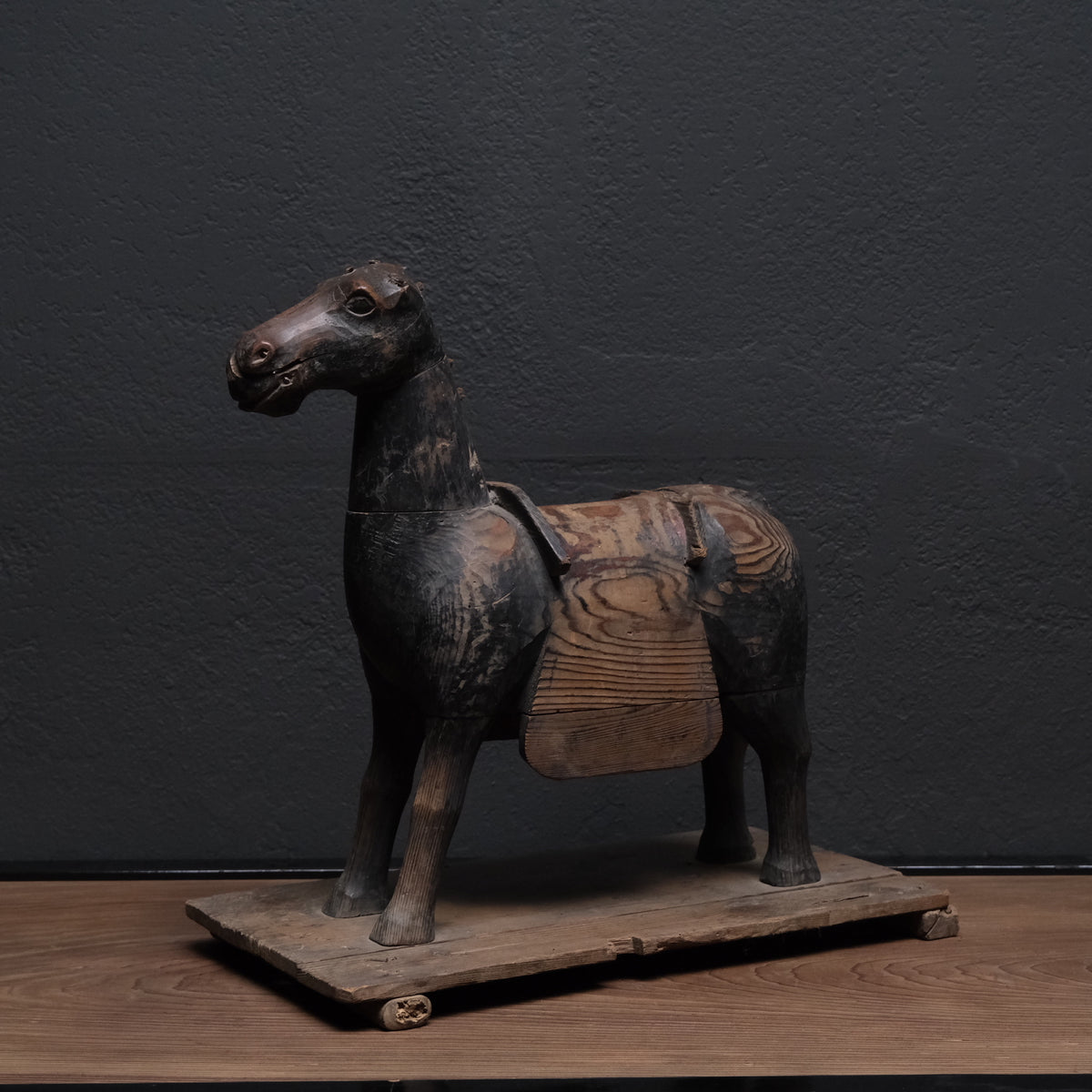 Carved wooden votive horse (shinme) from a Shinto shrine, on an inscribed Meiji-period base, view 9 of 21