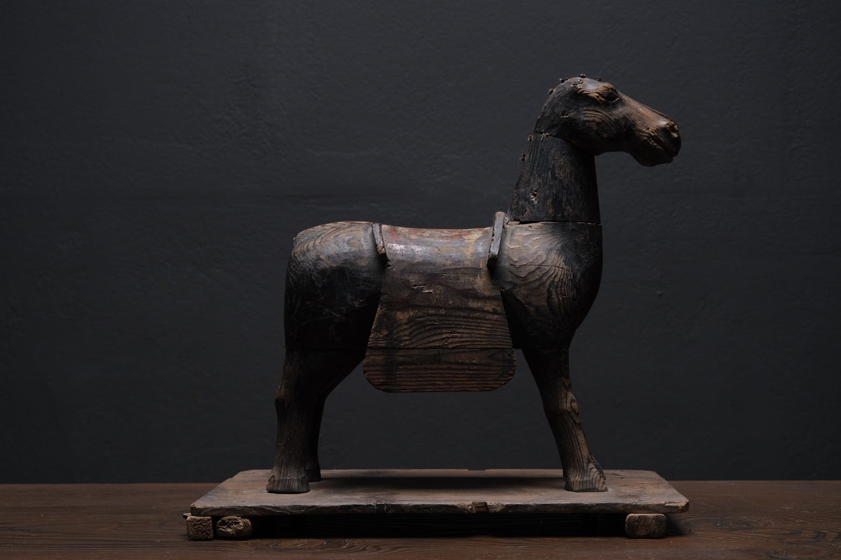 Carved wooden votive horse (shinme) from a Shinto shrine, on an inscribed Meiji-period base, view 2 of 21