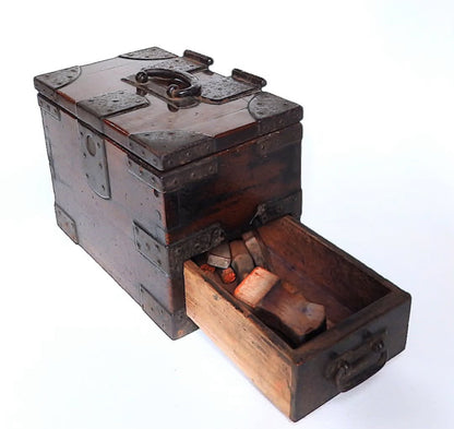 Drawer detail on Meiji period Japanese stamp box with sliding drawer