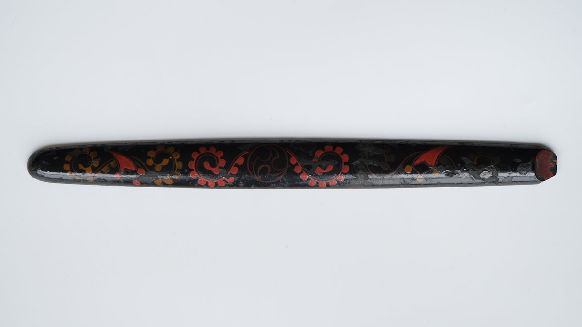 Ainu ikupasuy prayer stick in black lacquer painted with scrolling stems, red commas and gold rosettes, view 3 of 12