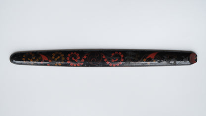 Ainu ikupasuy prayer stick in black lacquer painted with scrolling stems, red commas and gold rosettes, view 3 of 12