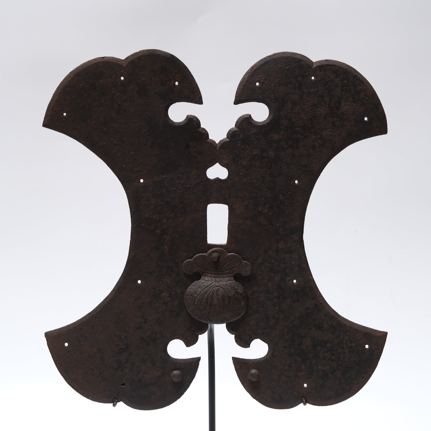 Iron kura lock plate with Daikoku treasure-bag keyhole cover, 18c. Japan — alternate view 2 of 5