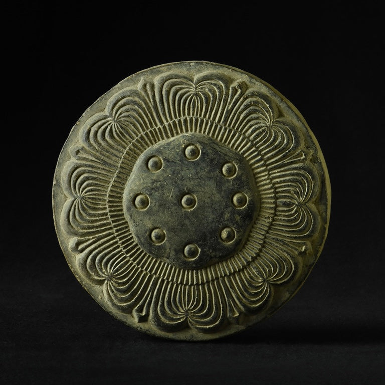 Japanese ceramic roof tile end cap with lotus petal design, 7.25 inch diameter