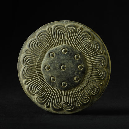 Japanese ceramic roof tile end cap with lotus petal design, 7.25 inch diameter