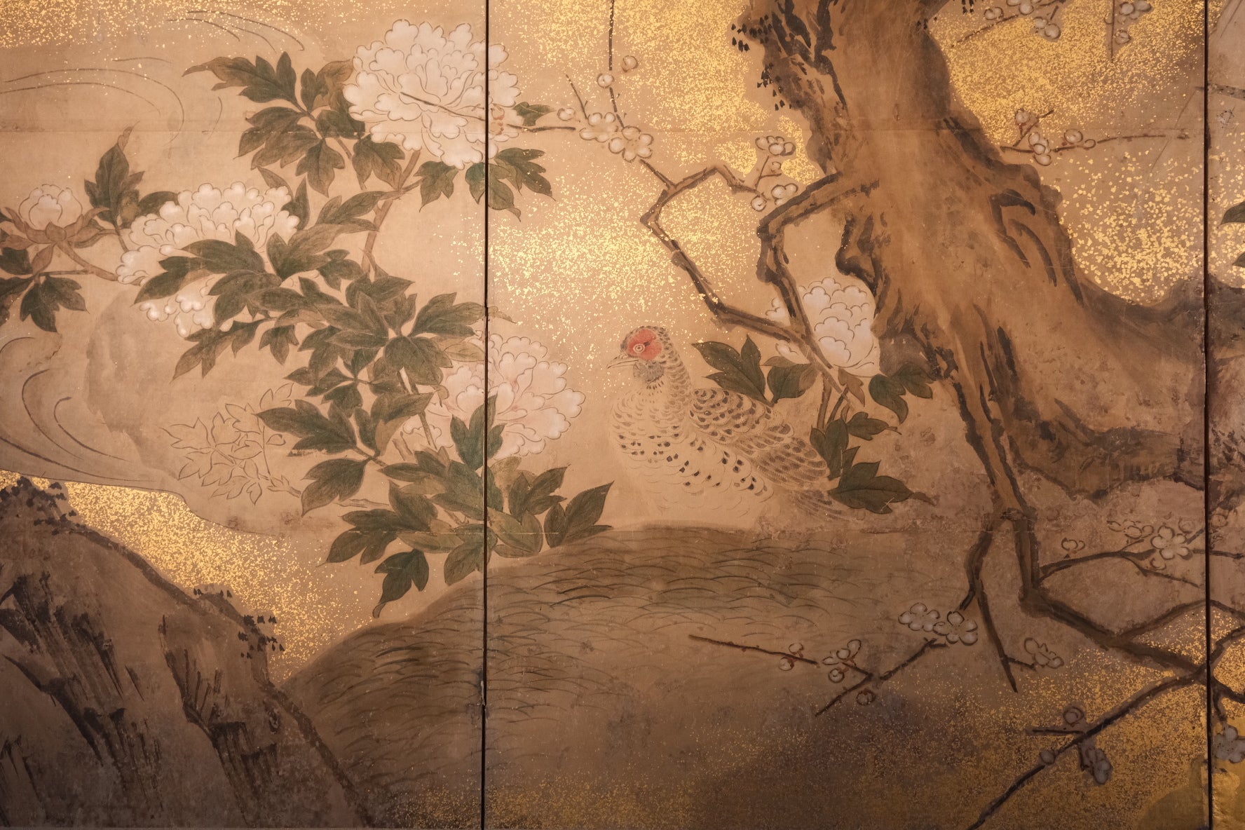 Peony blossom detail on 19th century Kano six-panel byobu screen