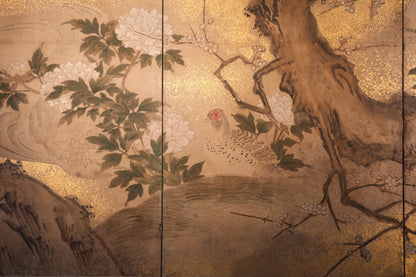 Peony blossom detail on 19th century Kano six-panel byobu screen