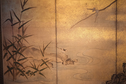 Alternate angle of Kano school six-panel screen showing full composition