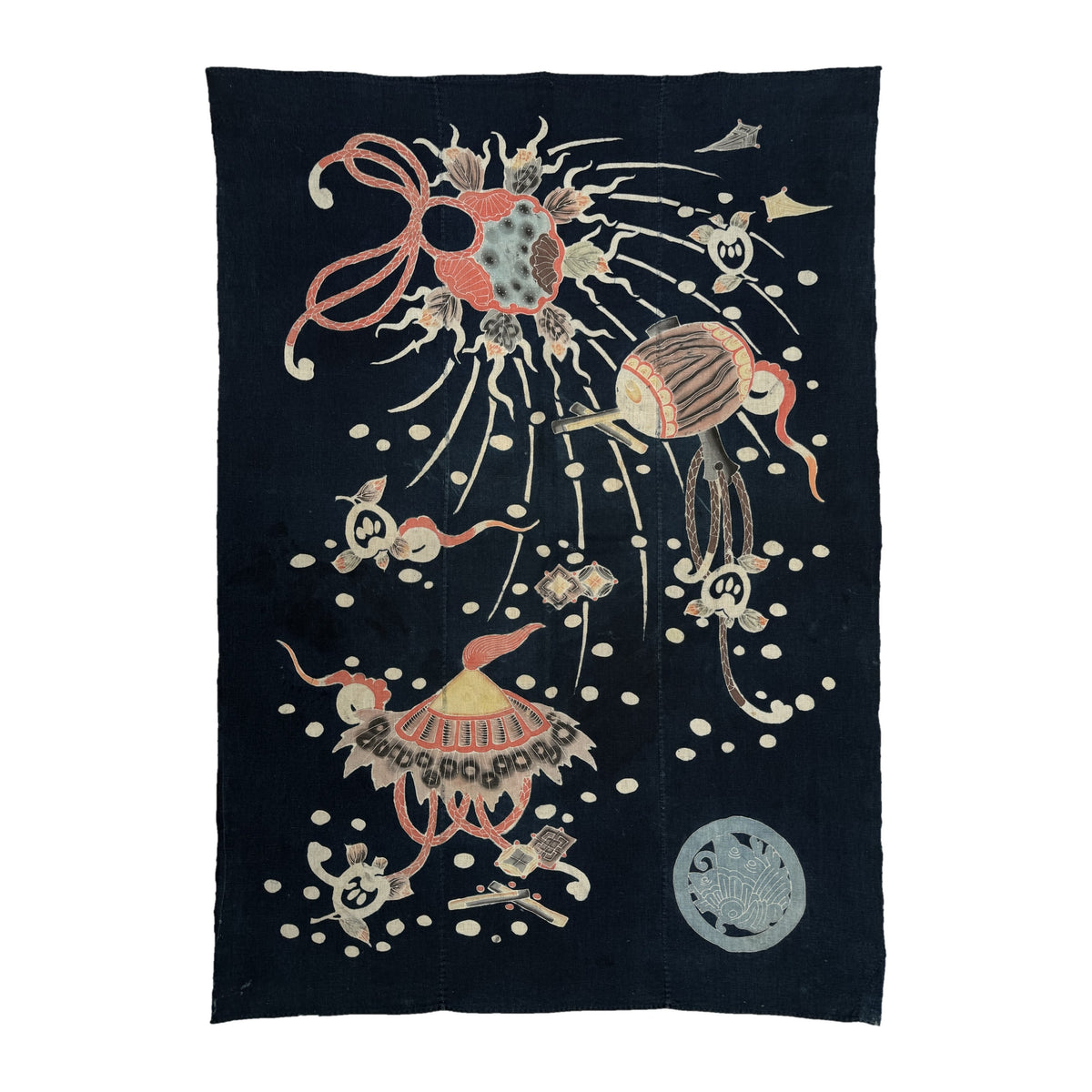 Indigo tsutsugaki futon cover (futonji) with takarazukushi treasure motifs in red, ochre and gray, view 1 of 2