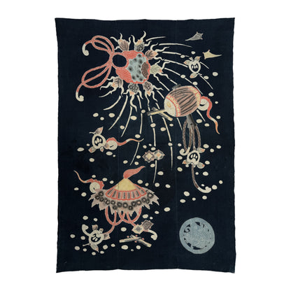 Indigo tsutsugaki futon cover (futonji) with takarazukushi treasure motifs in red, ochre and gray, view 1 of 2