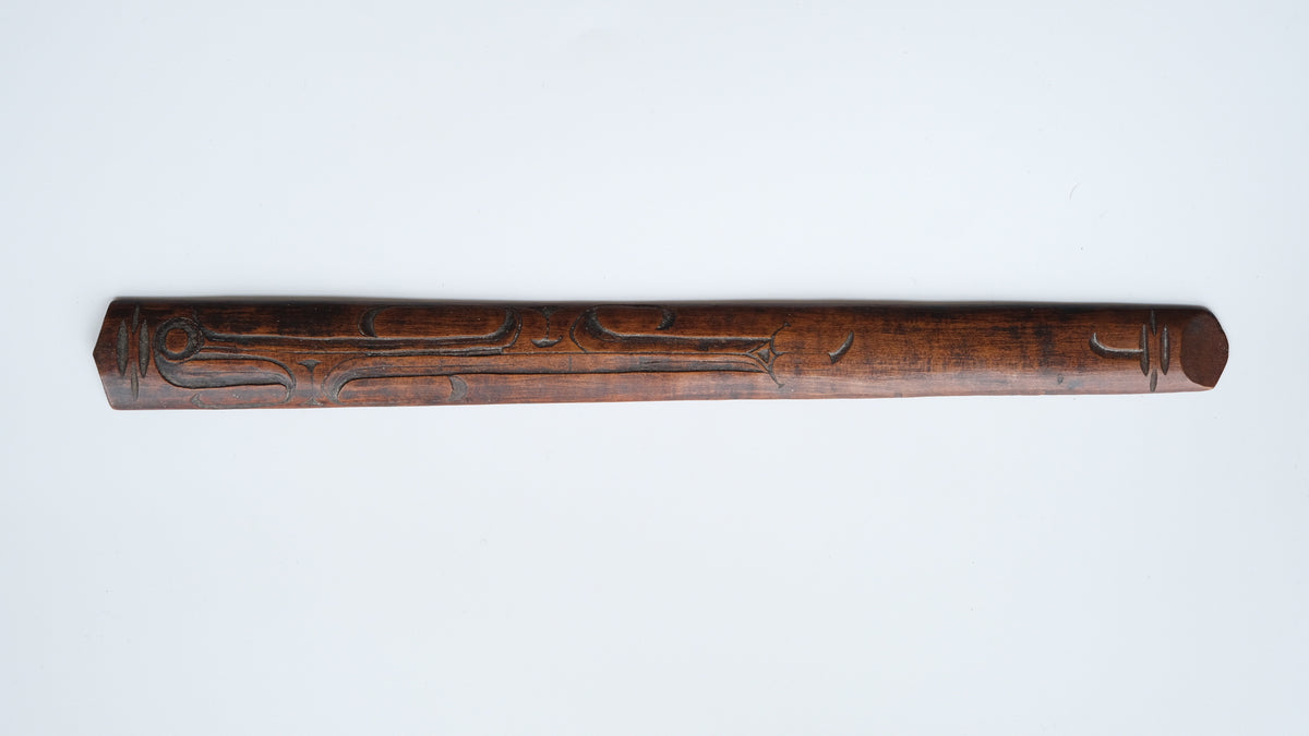 Ainu ikupasuy prayer stick carved in low relief with blade forms and a ringed boss, view 2 of 9
