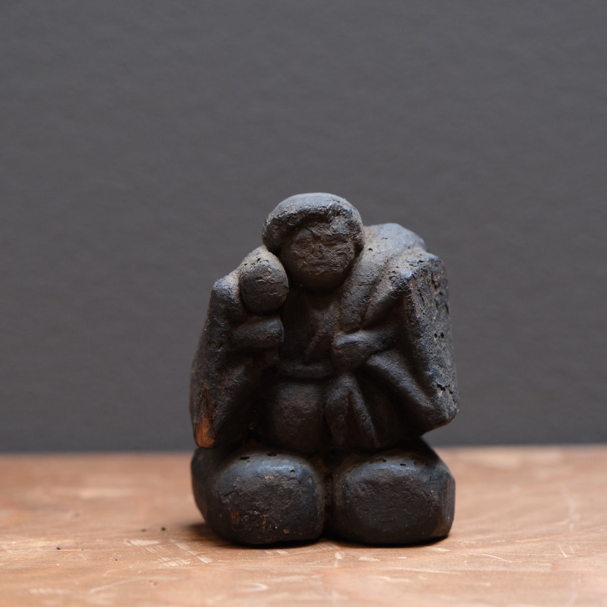 Pair of soot-darkened carved wood folk figures of Ebisu and Daikoku, view 6 of 8