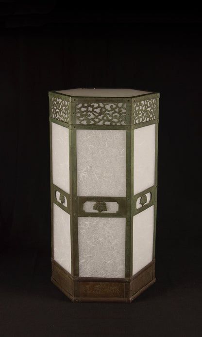 Close-up of cloud karakusa piercework band on Meiji 26 temple copper lantern