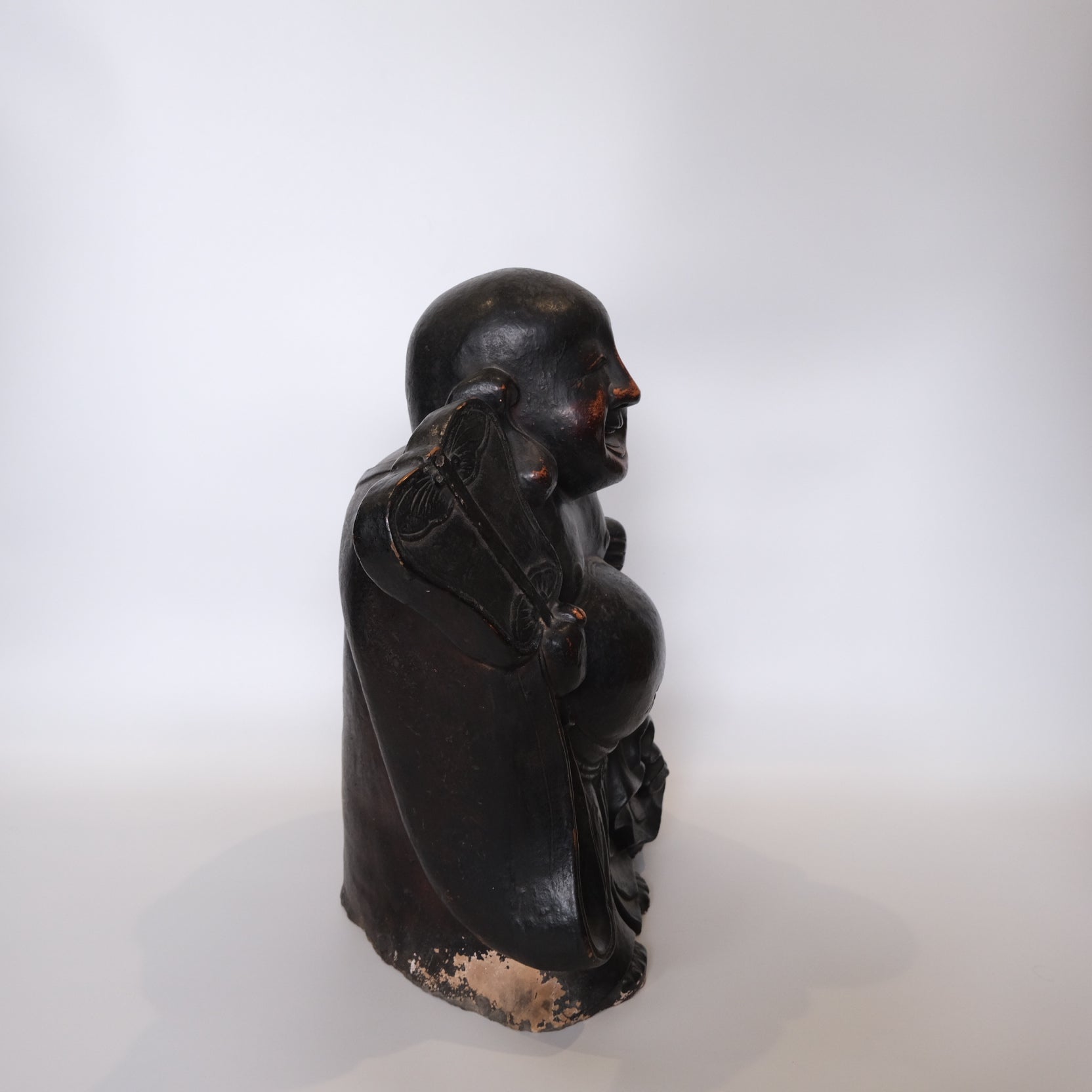Detail of darkened patina from cooking fires on Edo period Hotei irori figure