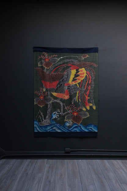 Late Meiji futonji futon cover detail of phoenix flying over paulownia tree