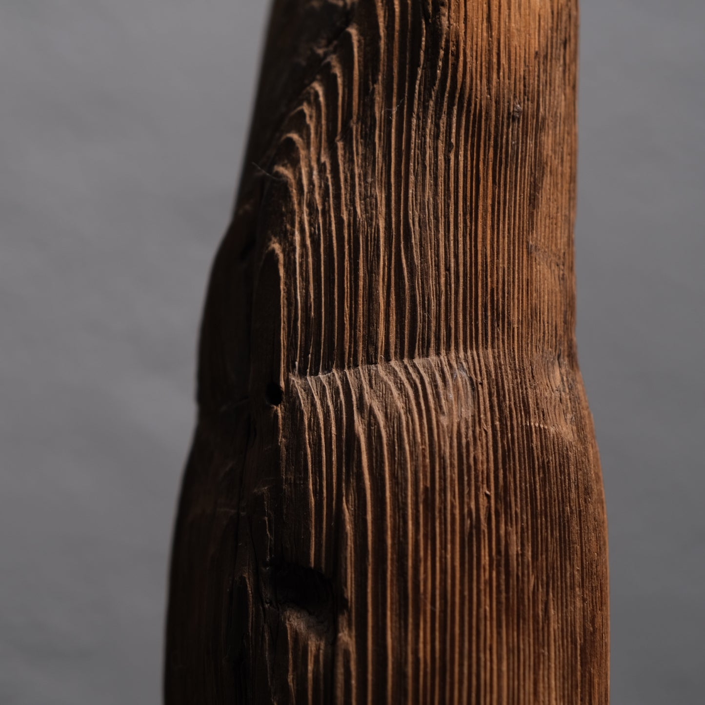 Side profile of Heian period Japanese Kannon Bosatsu carved wood figure