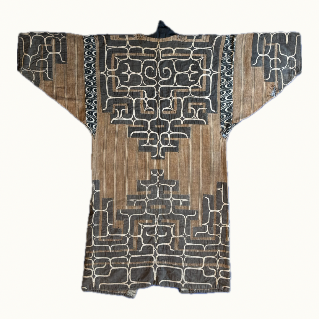 Ainu attush elm bark robe with geometric embroidered borders, ceremonial garment