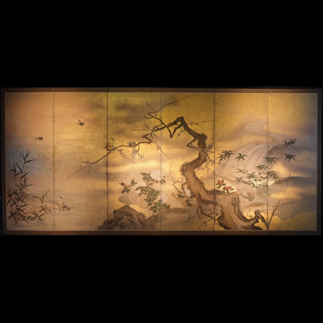 Six-panel Kano school folding screen with plum blossom and twisted trunk