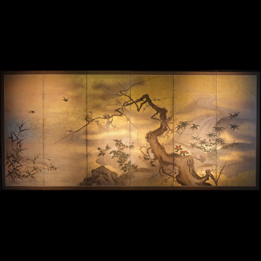Six-panel Kano school folding screen with plum blossom and twisted trunk