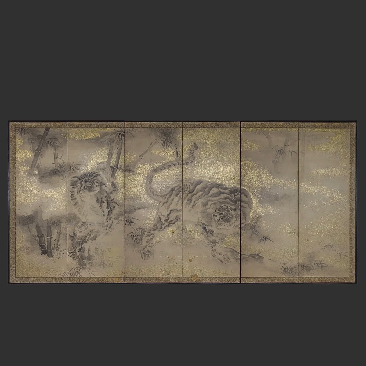 Early 19th century Edo tiger in bamboo byobu screen detail showing sumi-e tigers