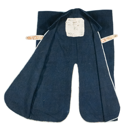 Indigo cotton jinbaori (sleeveless samurai surcoat) with white piping and appliqué igeta crest, view 3 of 3