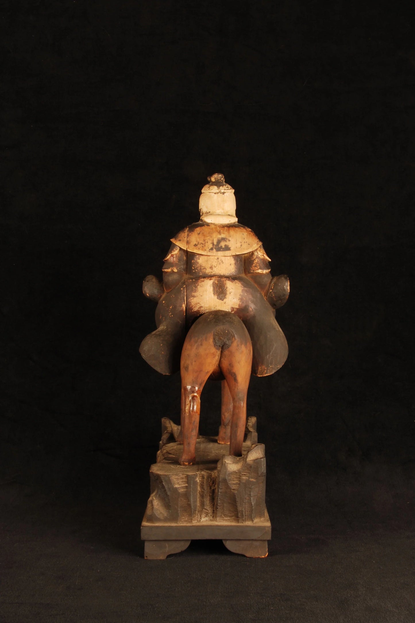 Fox ear loss detail on Edo period Japanese Inari carved wood figure