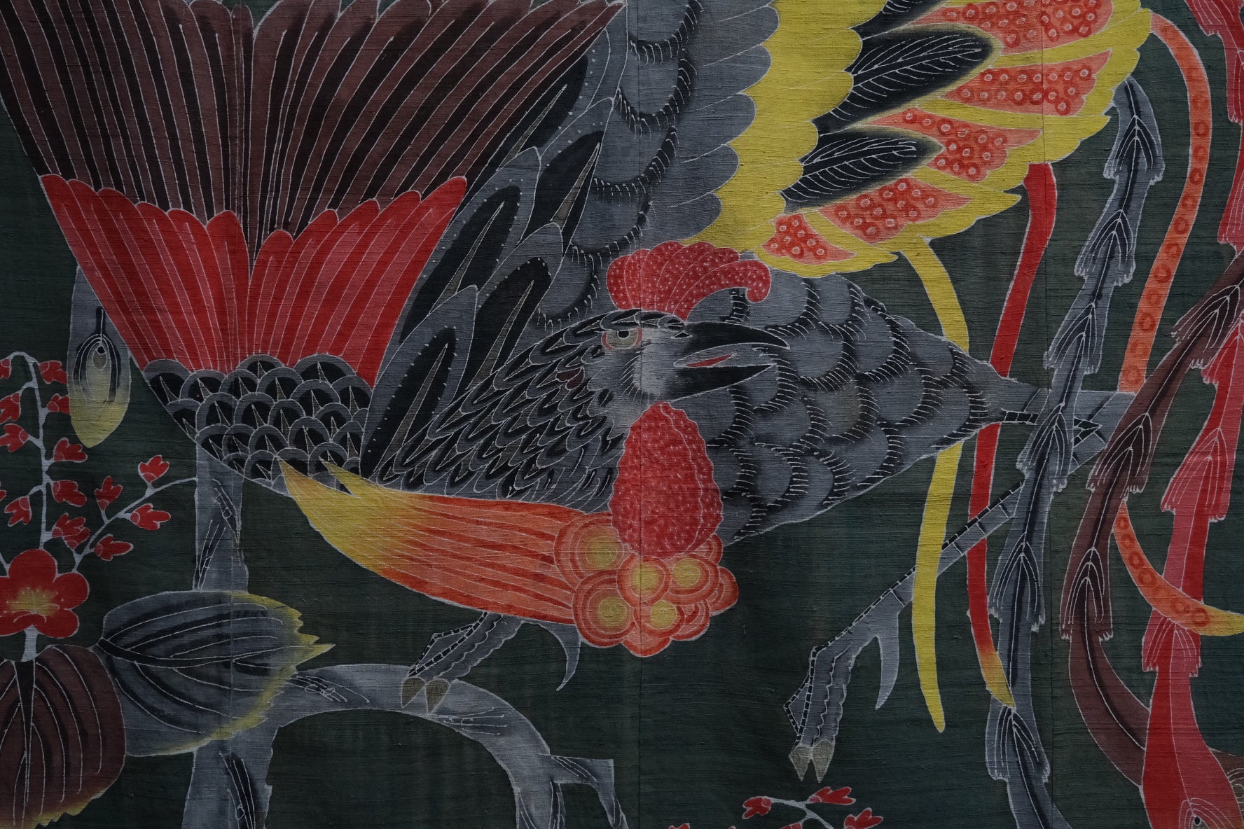 Close-up of tsutsugaki freehand resist-paste technique on Meiji futonji silk cover