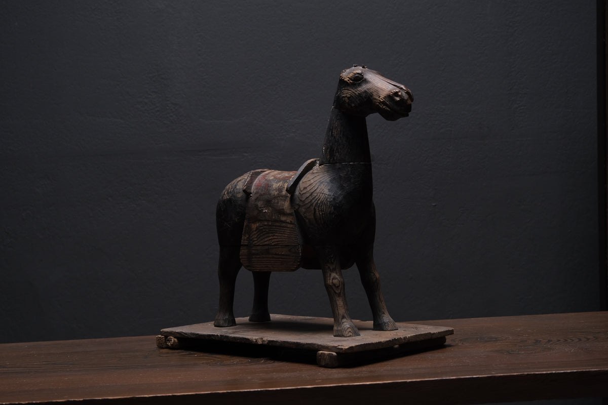 Carved wooden votive horse (shinme) from a Shinto shrine, on an inscribed Meiji-period base, view 4 of 21