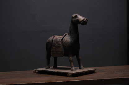 Carved wooden votive horse (shinme) from a Shinto shrine, on an inscribed Meiji-period base, view 4 of 21