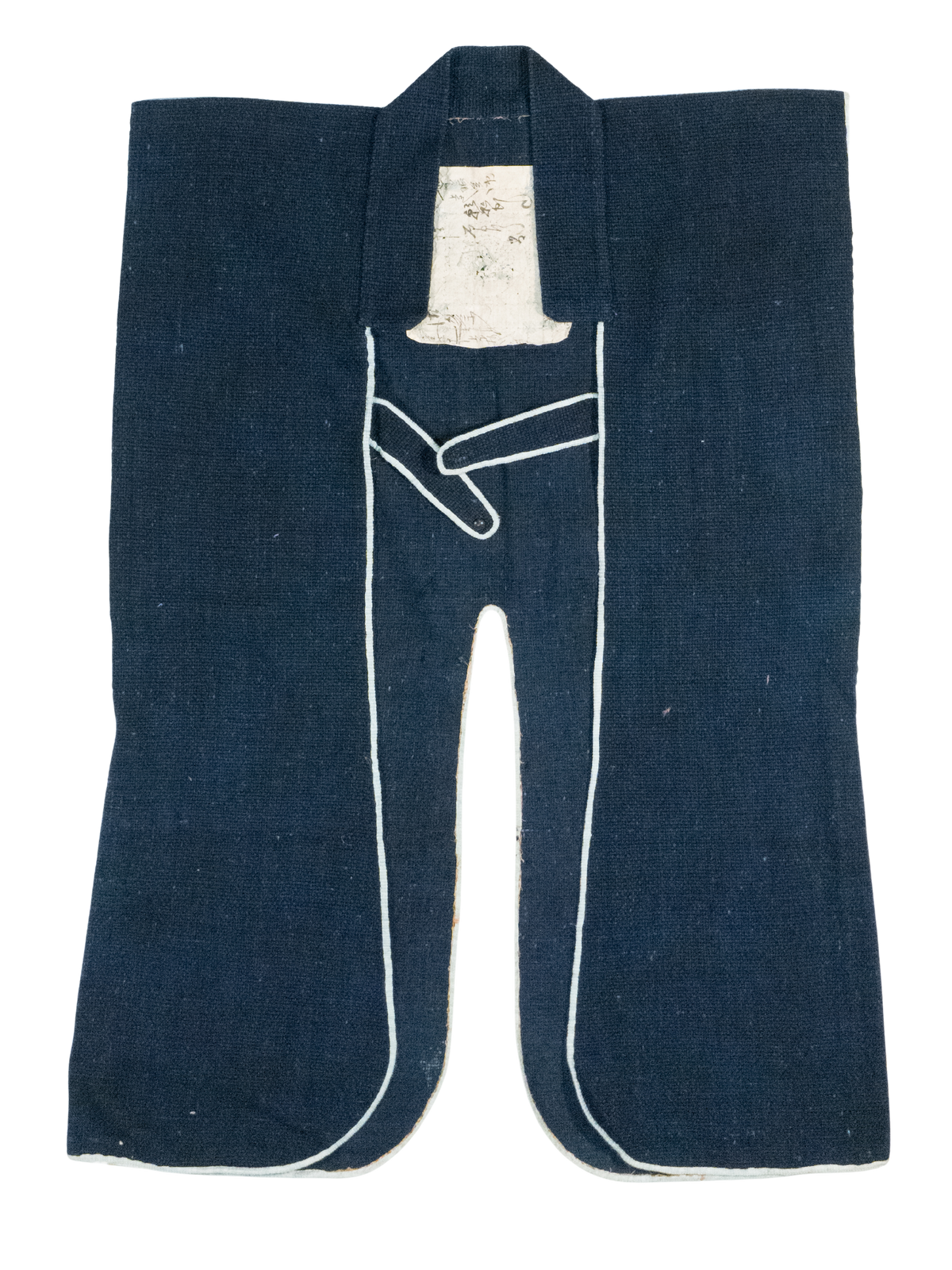 Indigo cotton jinbaori (sleeveless samurai surcoat) with white piping and appliqué igeta crest, view 2 of 3