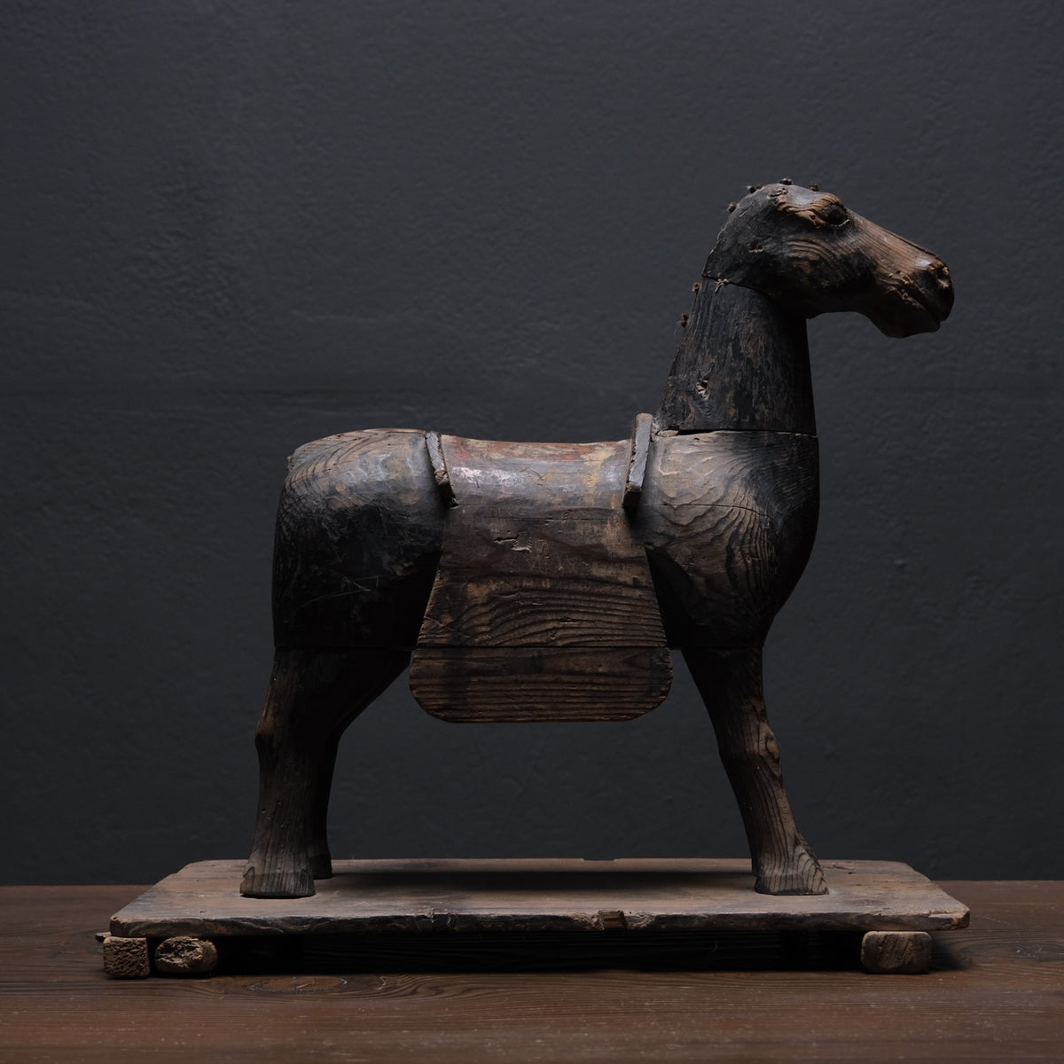 Carved wooden votive horse (shinme) from a Shinto shrine, on an inscribed Meiji-period base, view 1 of 21