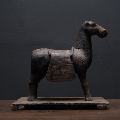 Carved wooden votive horse (shinme) from a Shinto shrine, on an inscribed Meiji-period base, view 1 of 21
