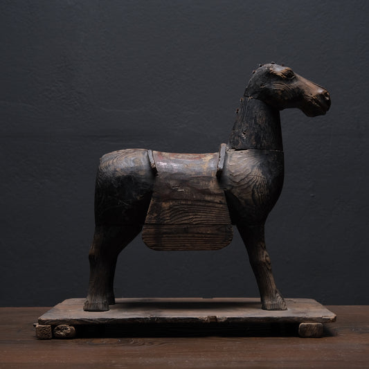 Carved wooden votive horse (shinme) from a Shinto shrine, on an inscribed Meiji-period base, view 1 of 21