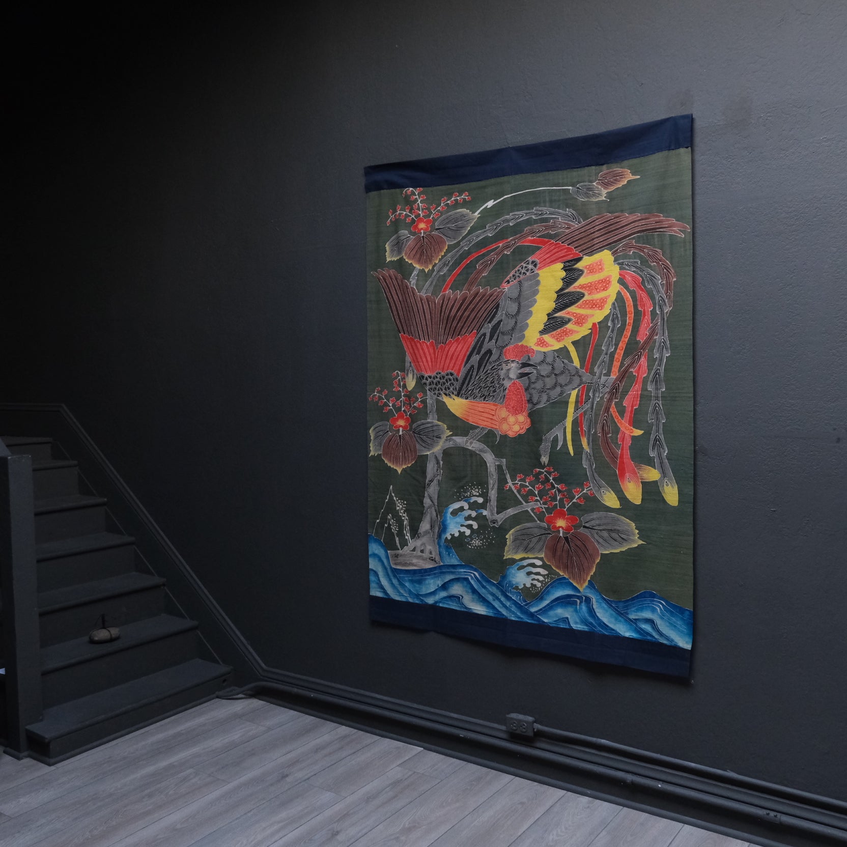 Full view of futonji futon cover with phoenix and paulownia, 71x51 inches raw silk