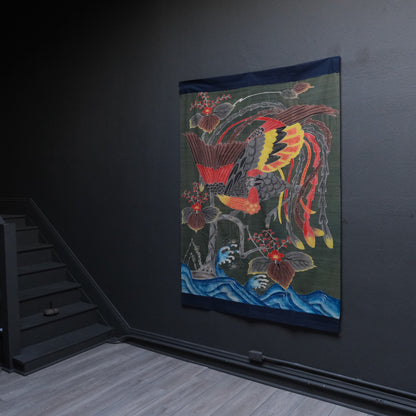Full view of futonji futon cover with phoenix and paulownia, 71x51 inches raw silk