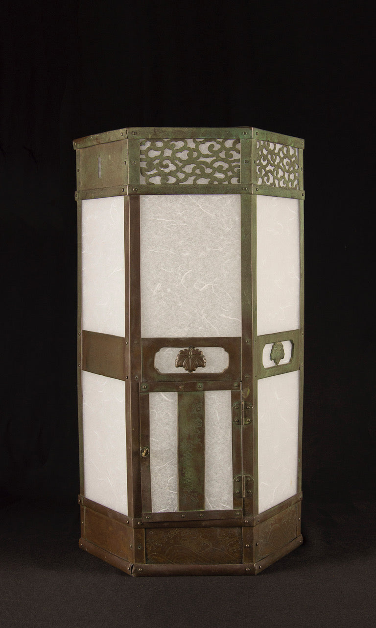 1893 Meirin Temple copper andon lantern side view showing hexagonal form