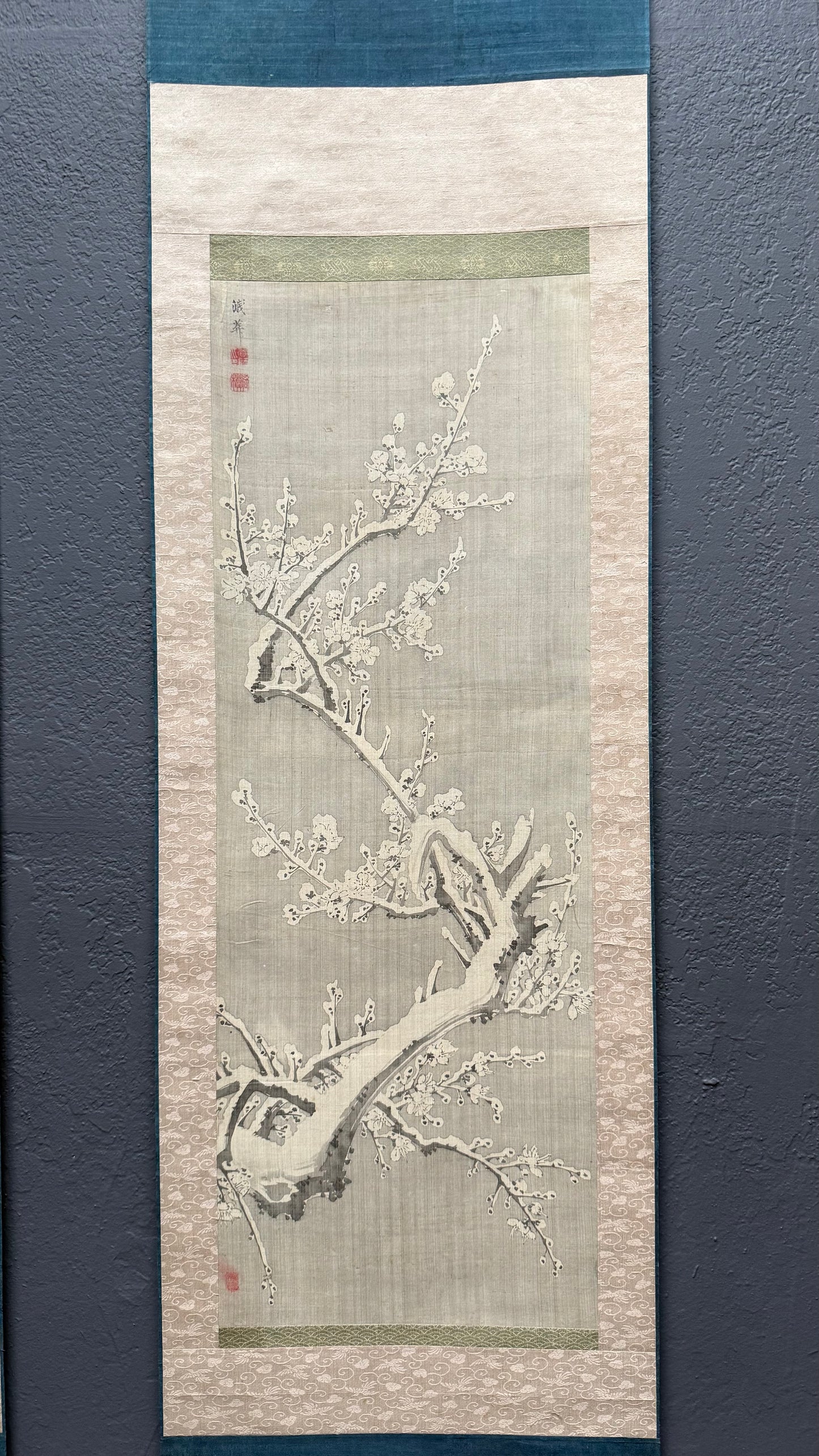 Full spread of three kakejiku scrolls in Shochikubai theme, 78-inch height each
