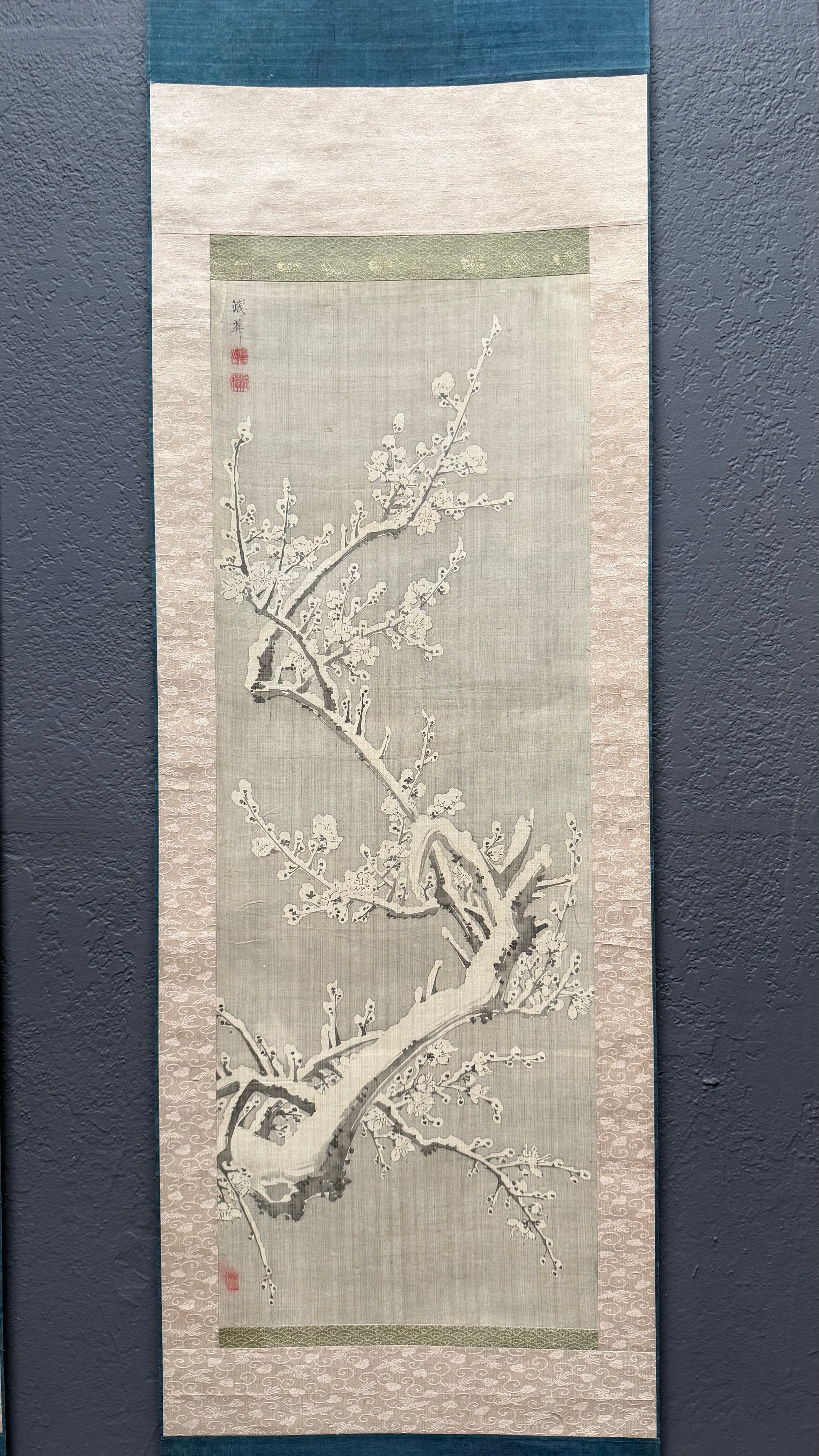 Full spread of three kakejiku scrolls in Shochikubai theme, 78-inch height each
