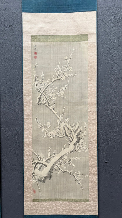 Full spread of three kakejiku scrolls in Shochikubai theme, 78-inch height each