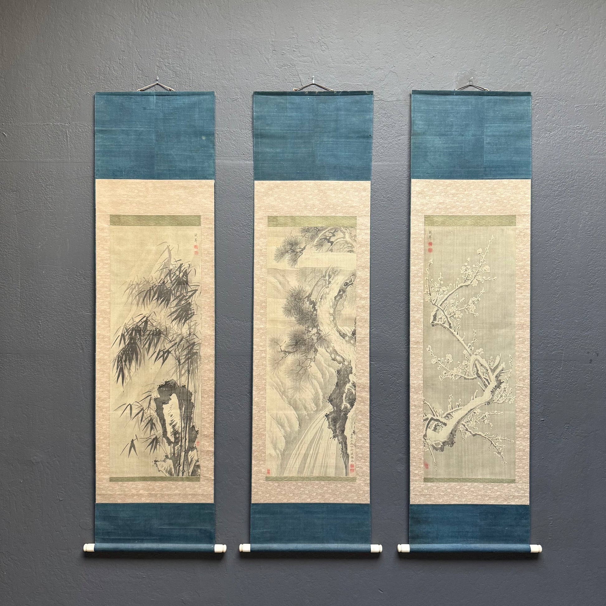 Japanese three friends of winter painting, pine bamboo and plum motif