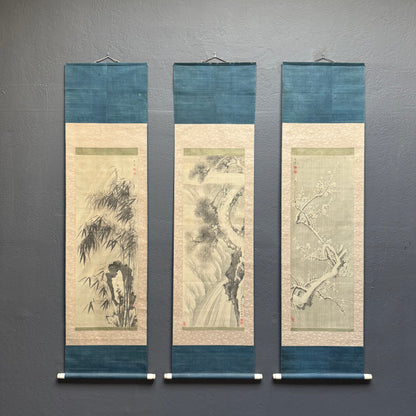 Japanese three friends of winter painting, pine bamboo and plum motif