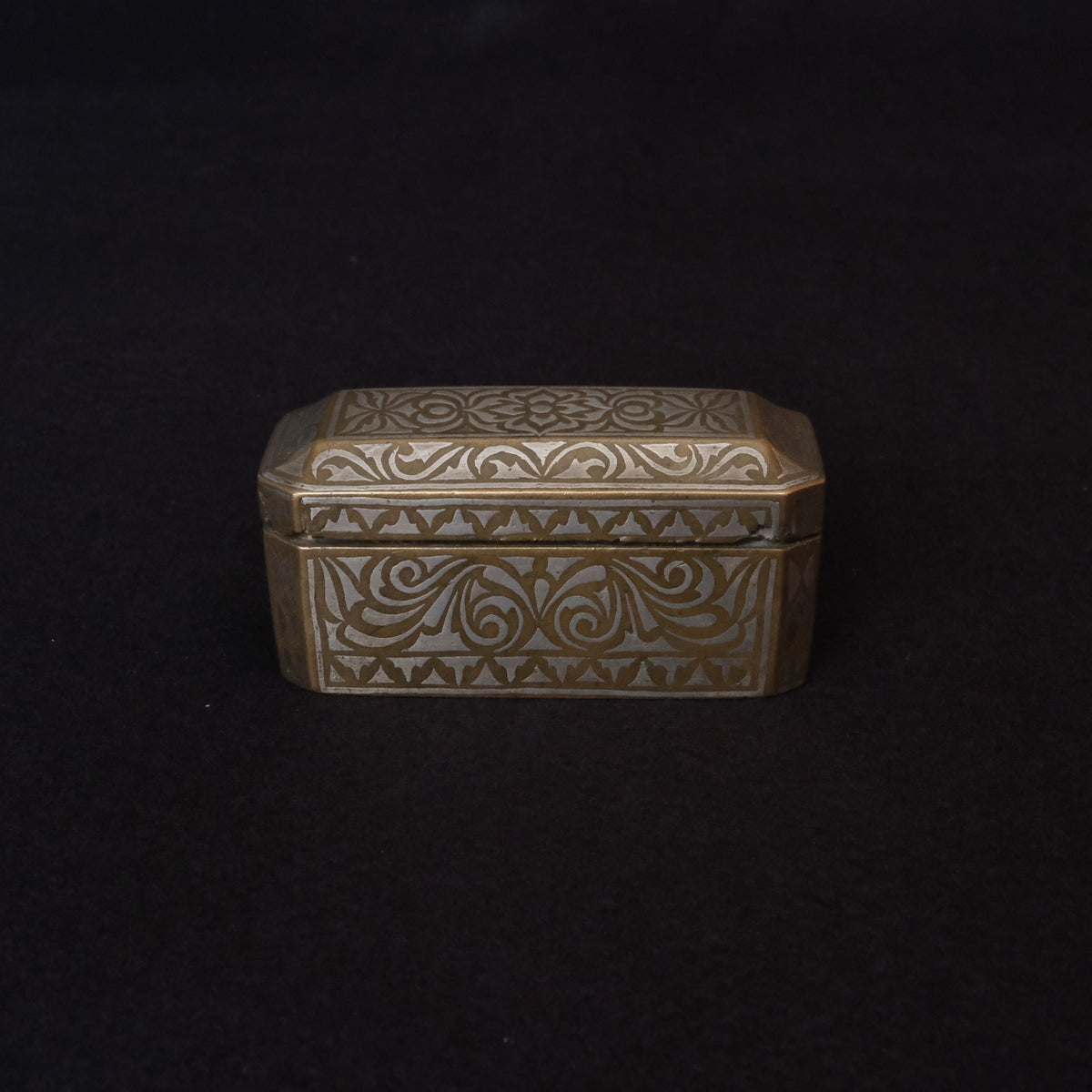 Maranao brass betel nut box engraved with silver-inlaid okir scrollwork, view 2 of 10