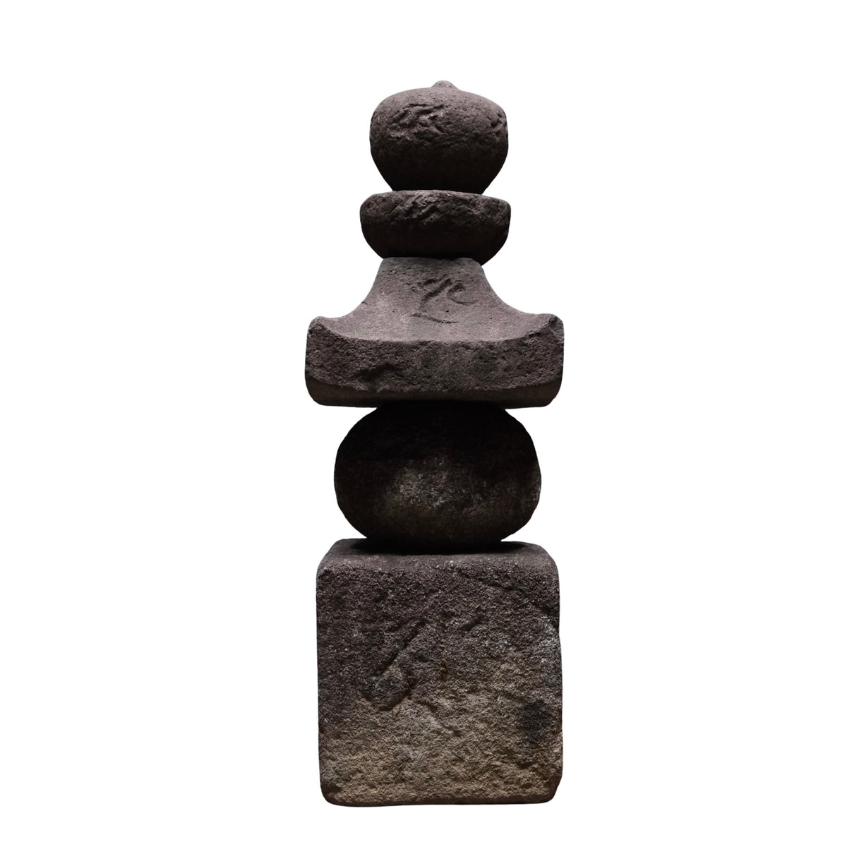 Weathered stone gorinto, a five-element Buddhist memorial stupa inscribed with Sanskrit seed characters, view 1 of 12