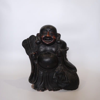 Large Japanese wooden Hotei god of contentment statue, laughing figure