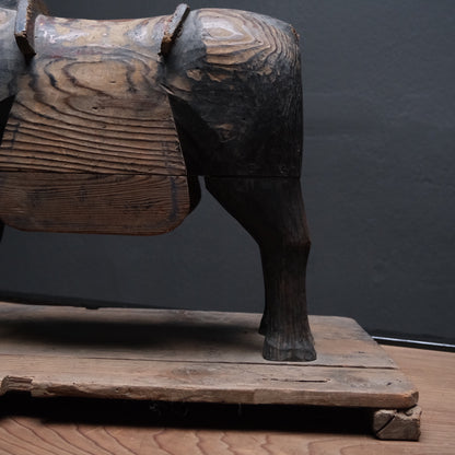 Carved wooden votive horse (shinme) from a Shinto shrine, on an inscribed Meiji-period base, view 19 of 21