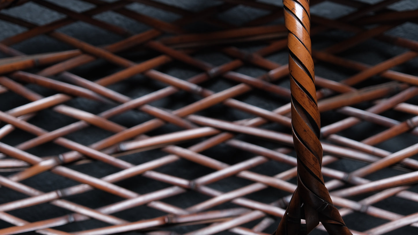 Full view of signed early-mid 20th century Japanese elliptical madake basket