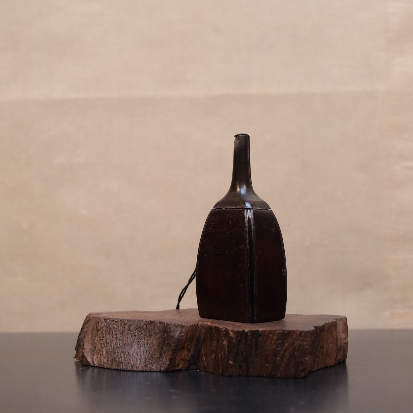Top view of Japanese Edo period gunpowder flask showing narrow neck