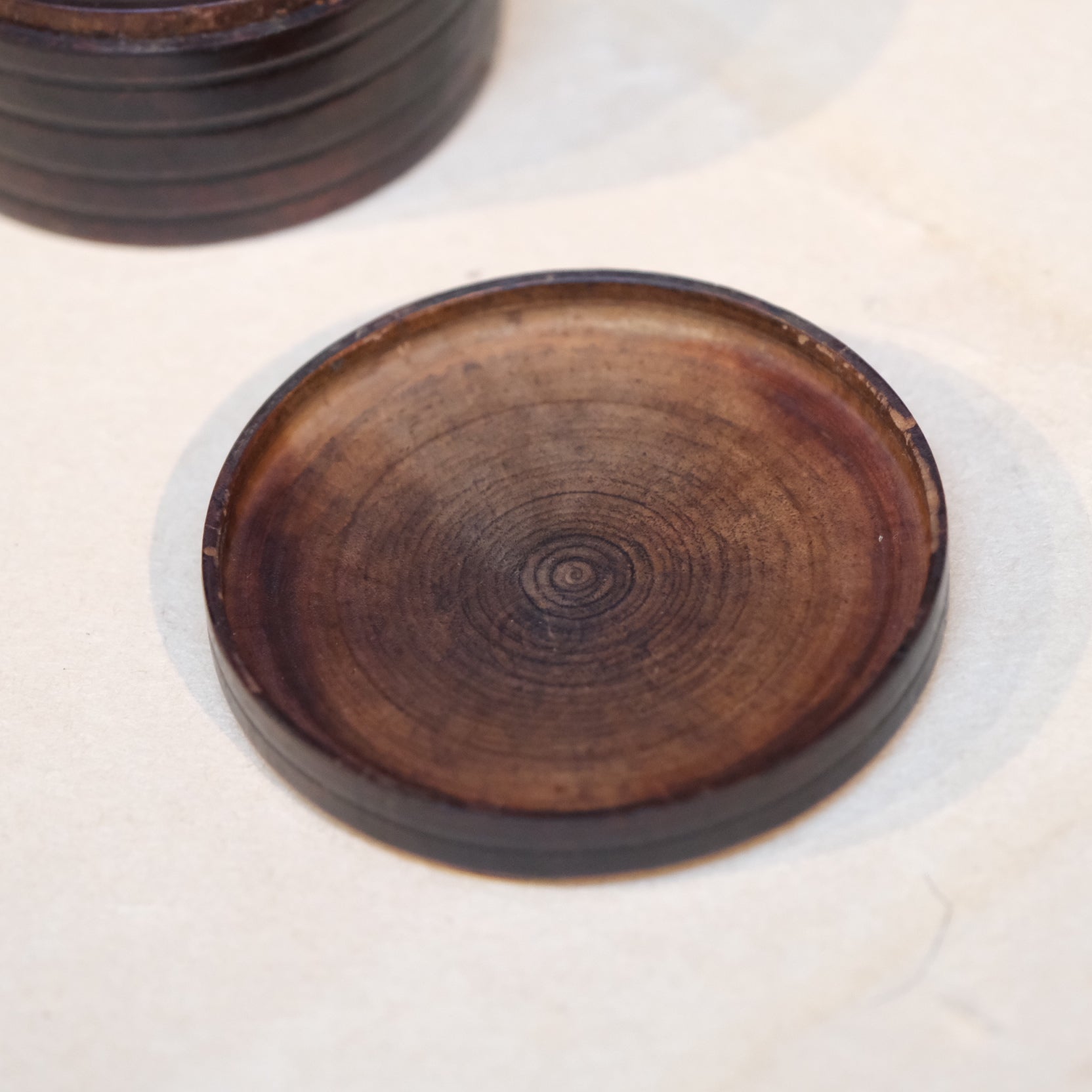 Close-up of smooth wear on 18-19th century Japanese turned wood aromatic case