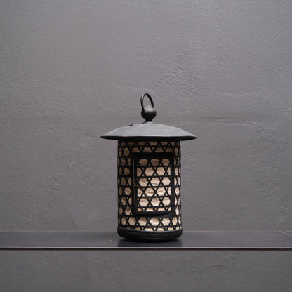 Japanese hanging iron lantern with cutwork panels, temple or garden use