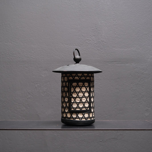 Japanese hanging iron lantern with cutwork panels, temple or garden use