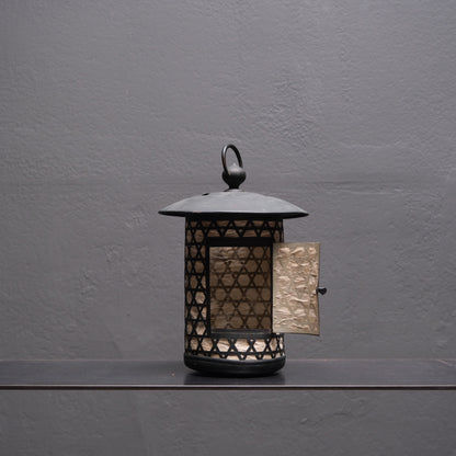 Late 19th century hexagonal lattice hanging lantern side view showing paper panels
